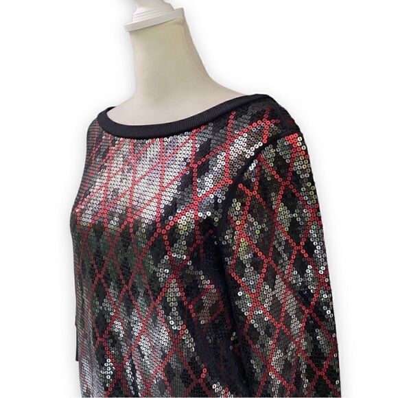 EXPRESS Sequin Argyle Print Boatneck Top - Picture 4 of 11
